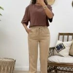 BEL VE BİLEK LASTİKLİ CEPLİ KETEN PANTOLON - BEJ