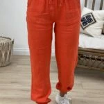 BEL VE BİLEK LASTİKLİ CEPLİ KETEN PANTOLON - NAR ÇİÇEĞİ