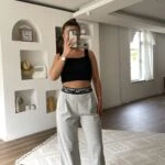 BEL YAZI LASTİK CEPLİ BOL PAÇA PAMUK KUMAŞ PANTOLON - GRİ