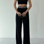 BEL YAZI LASTİK CEPLİ BOL PAÇA TİRİL PANTOLON - SİYAH