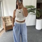 BEL YAZI LASTİK CEPLİ PARLAK VİSKON PANTOLON - MAVİ