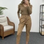 BELİ LASTİKLİ DERİ PANTOLON - BEJ