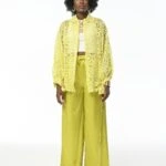 BİLEK BAĞLAMALI ŞEFFAF DESEN SALAŞ GÖMLEK - FISTIK YEŞİLİ