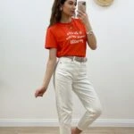 BİSİKLET YAKA BASKILI KISA TİŞÖRT - AÇIK KIRMIZI