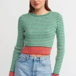 BİSİKLET YAKA ÇİZGİLİ KAZAK - NEFTİ YEŞİL