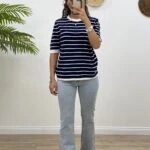 BİSİKLET YAKA ÇİZGİLİ KISA KOL VİSKON TRİKO - EKRU LACİVERT