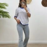 BİSİKLET YAKA ÇİZGİLİ KISA KOL VİSKON TRİKO - SAKS EKRU