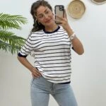 BİSİKLET YAKA ÇİZGİLİ KISA KOL VİSKON TRİKO - LACİVERT EKRU