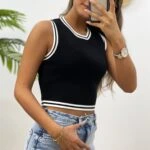 BİSİKLET YAKA ÇİZGİLİ TRİKO ATLET - SİYAH BEYAZ