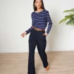 BİSİKLET YAKA ÇİZGİLİ VİSKON TRİKO - CAMEL LACİVERT