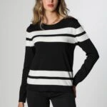 BİSİKLET YAKA ÇİZGİLİ VİSKOSE TRİKO - SİYAH BEYAZ