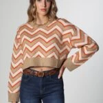 BİSİKLET YAKA CROP DESENLİ KAZAK - YANIK TURUNCU