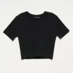 BİSİKLET YAKA CROP PAMUK LİKRALI TİŞÖRT - SİYAH