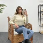 BİSİKLET YAKA CROP TRİKO - EKRU