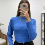 BİSİKLET YAKA CROP TRİKO - MAVİ