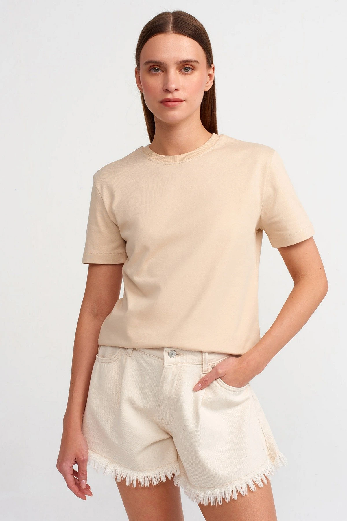 BİSİKLET YAKA DOKUMA PENYE PAMUK TİŞÖRT - AÇIK BEJ - Görsel 1