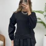 BİSİKLET YAKA ETEĞİ ASİMETRİK GARNİLİ SWEAT - SİYAH