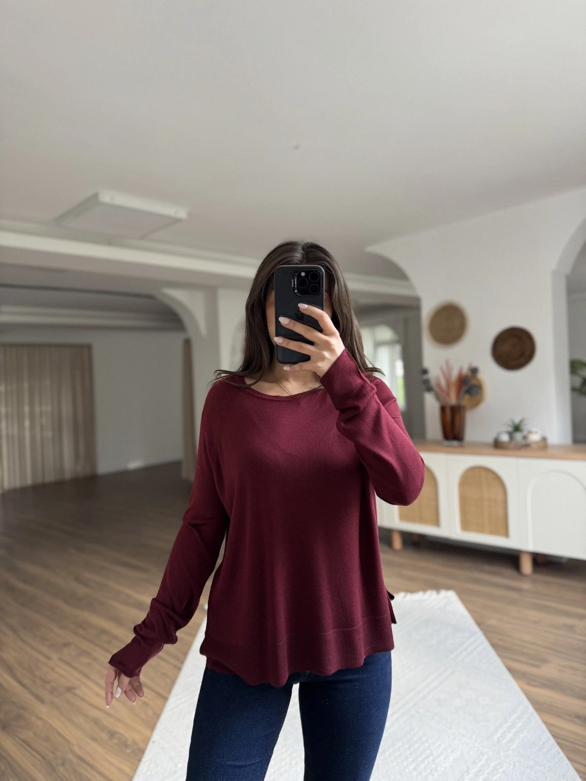 BİSİKLET YAKA ETEĞİ YIRTMAÇ BASİC İNCE VİSKON KAZAK - BORDO - Görsel 1