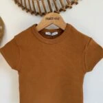 BİSİKLET YAKA FİTİLLİ LİKRALI CROP TİŞÖRT - AÇIK KİREMİT