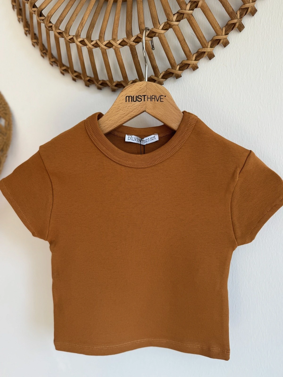 BİSİKLET YAKA FİTİLLİ LİKRALI CROP TİŞÖRT - AÇIK KİREMİT - Görsel 1