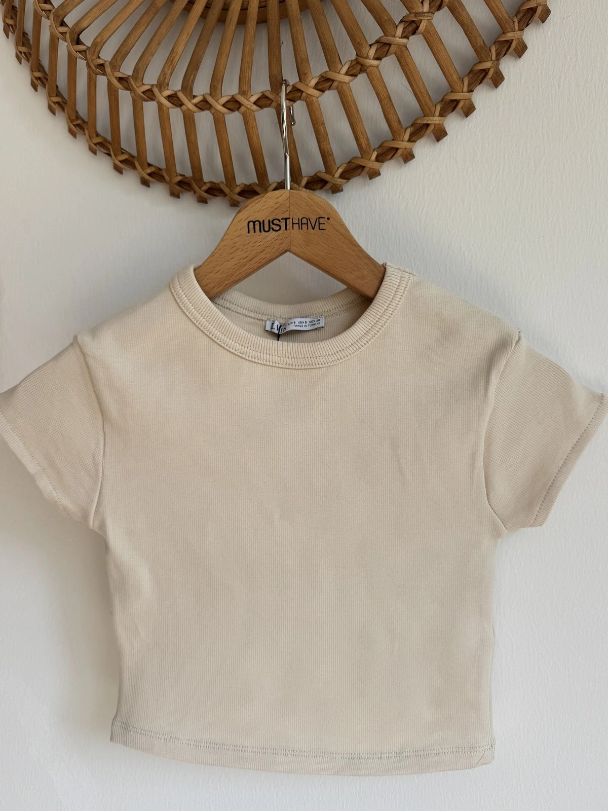 BİSİKLET YAKA FİTİLLİ LİKRALI CROP TİŞÖRT - TAŞ - Görsel 1