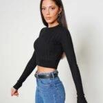 BİSİKLET YAKA FİTİLLİ VİSKON CROP TRİKO - SİYAH