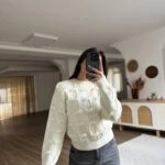 BİSİKLET YAKA KABARTMALI YÜN KARIŞIM KAZAK - EKRU