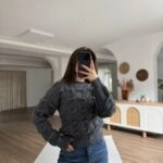 BİSİKLET YAKA KABARTMALI YÜN KARIŞIM KAZAK - FÜME MELANJ