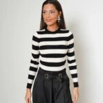 BİSİKLET YAKA KALIN ÇİZGİ VİSKON TRİKO - SİYAH BEYAZ