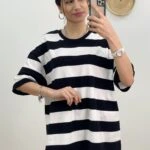 BİSİKLET YAKA KALIN ÇİZİGİLİ SALAŞ TİŞÖRT - SİYAH