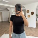 BİSİKLET YAKA KISA KOL PAMUK TENSEL TİŞÖRT - SİYAH