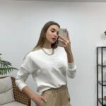 BİSİKLET YAKA KUŞ NAKIŞLI SWEAT - BEYAZ