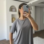 BİSİKLET YAKA LAZER KESİM LİKRALI MODAL TİŞÖRT - GRİ