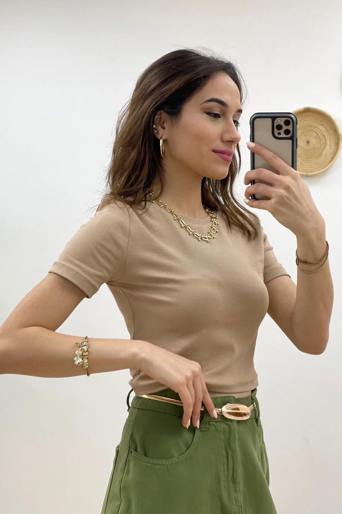 BİSİKLET YAKA LİKRALI CROP - BEJ - Görsel 1