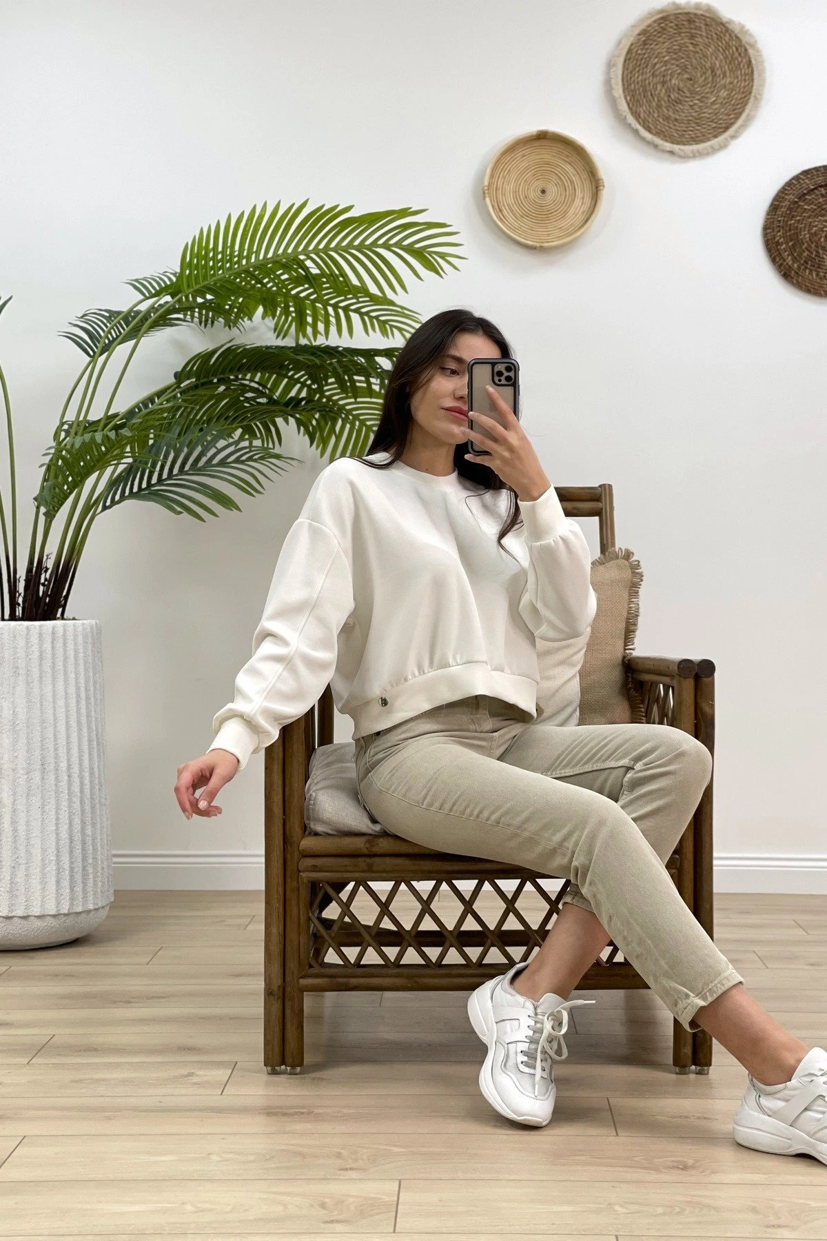 BİSİKLET YAKA MODAL SWEAT - EKRU - Görsel 1