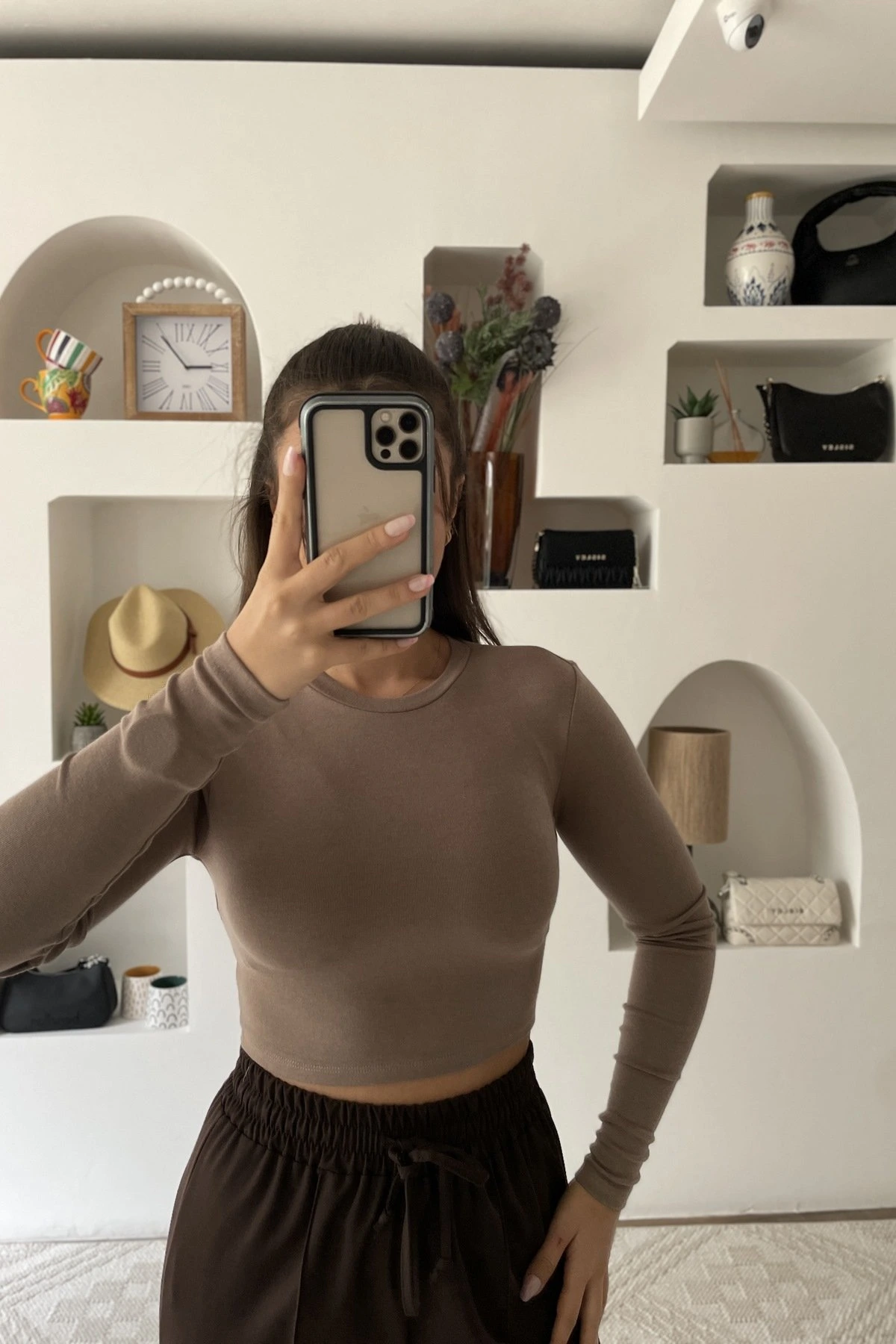 BİSİKLET YAKA PAMUK MODAL KARIŞIM CROP BLUZ - VİZON - Görsel 1