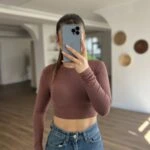 BİSİKLET YAKA PAMUK MODAL KARIŞIM CROP BLUZ - KAHVE