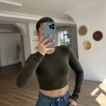 BİSİKLET YAKA PAMUK MODAL KARIŞIM CROP BLUZ - KOYU HAKİ