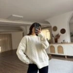 BİSİKLET YAKA SAÇ ÖRGÜ SALAŞ KAZAK - EKRU