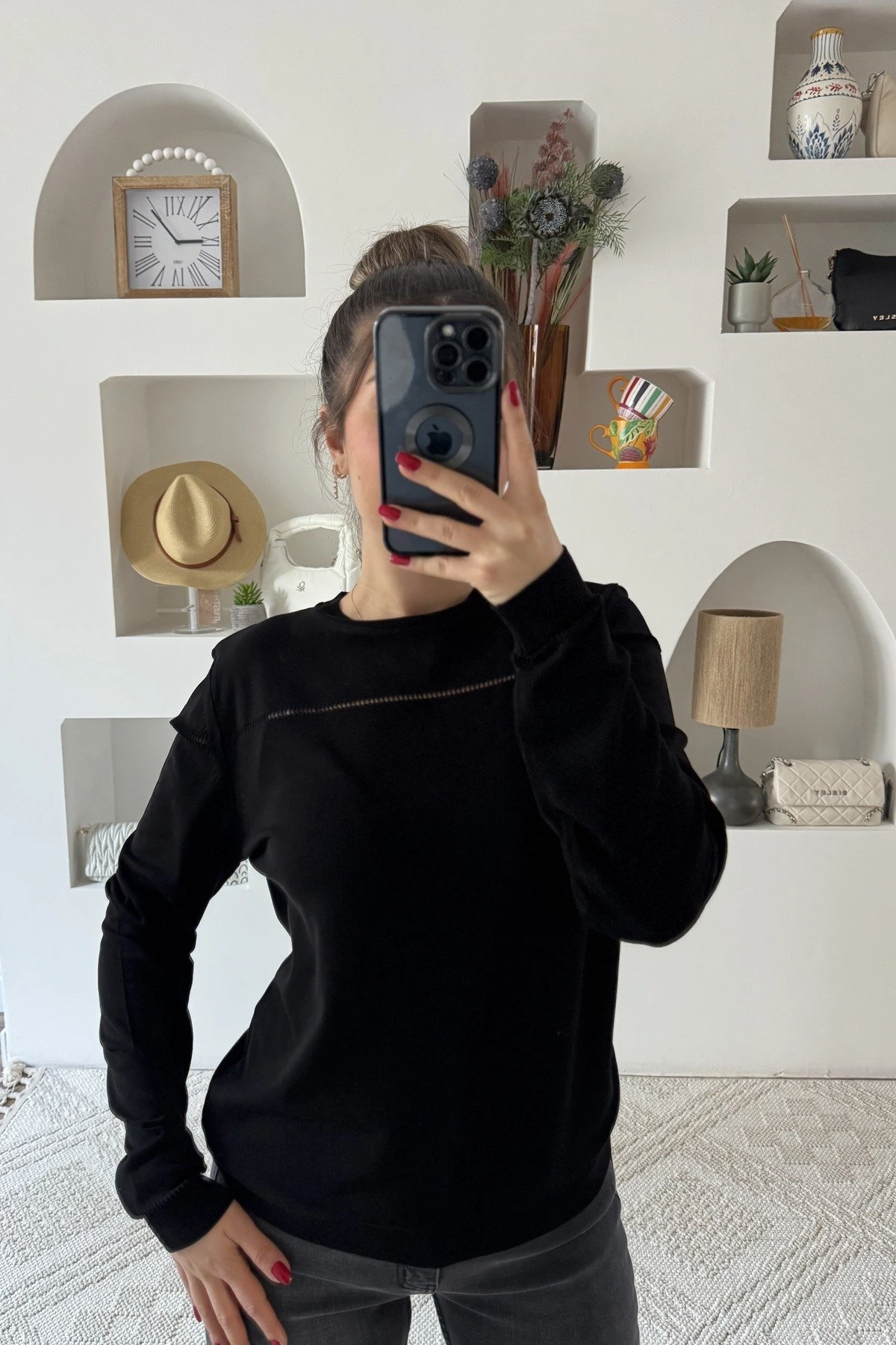 BİSİKLET YAKA ŞERİT AJURLU VİSKON KAZAK - SİYAH - Görsel 1