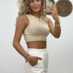 BİSİKLET YAKA SIFIR KOL CROP - AÇIK BEJ