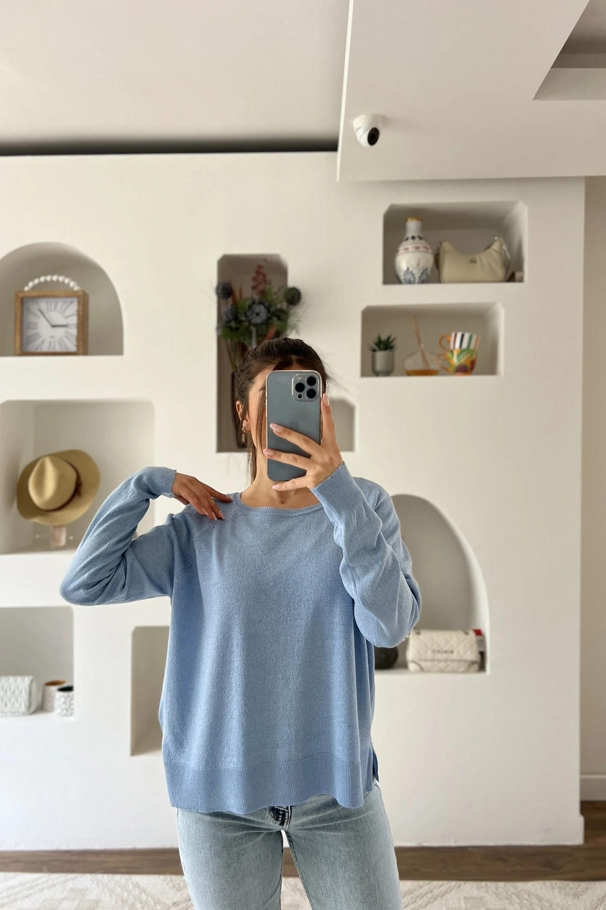 BİSİKLET YAKA SİMLİ BASİC İNCE VİSKON KAZAK - MAVİ - Görsel 1