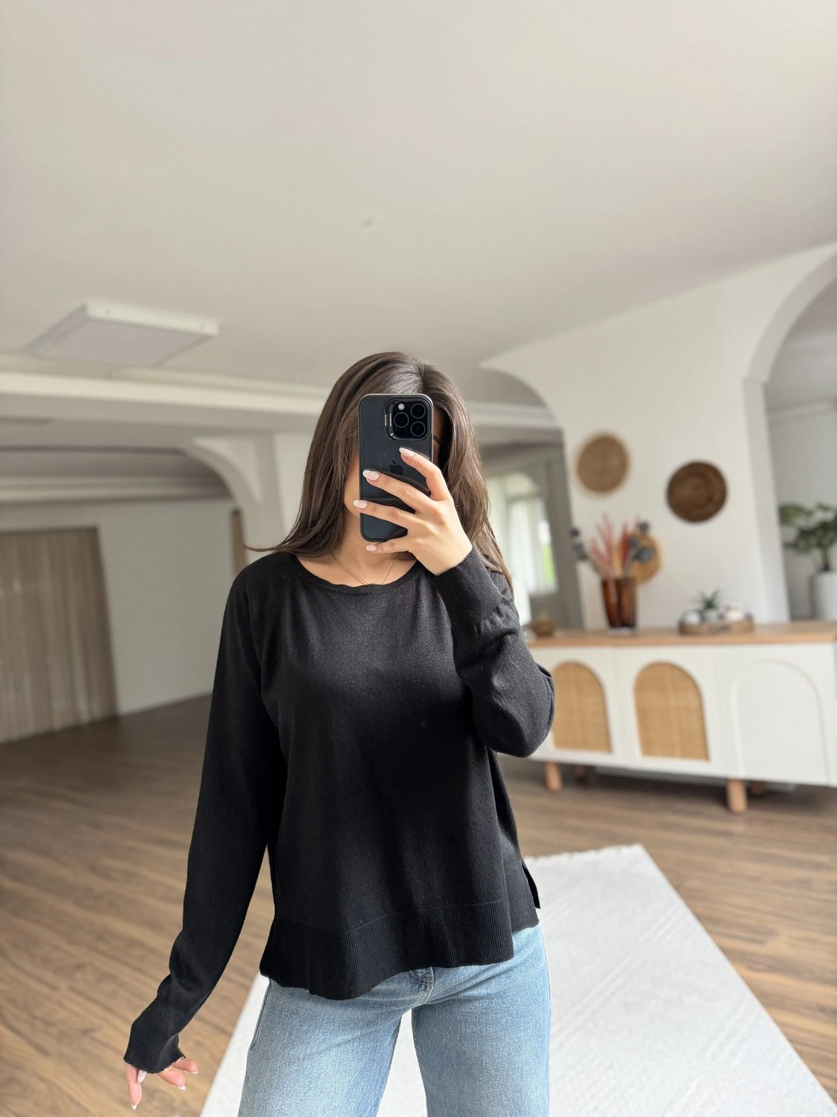 BİSİKLET YAKA SİMLİ BASİC İNCE VİSKON KAZAK - SİYAH - Görsel 1