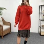 BİSİKLET YAKA SWEAT ELBİSE - KIRMIZI