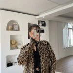 BİSİKLET YAKA VİSKON LEOPAR HIRKA - SİYAH CAMEL