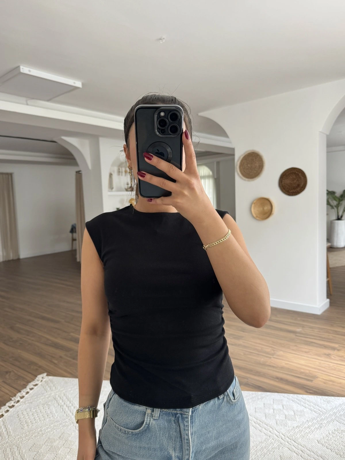 BİSİKLET YAKA YAN BÜZGÜ PAMUK LİKRA ATLET - SİYAH - Görsel 1