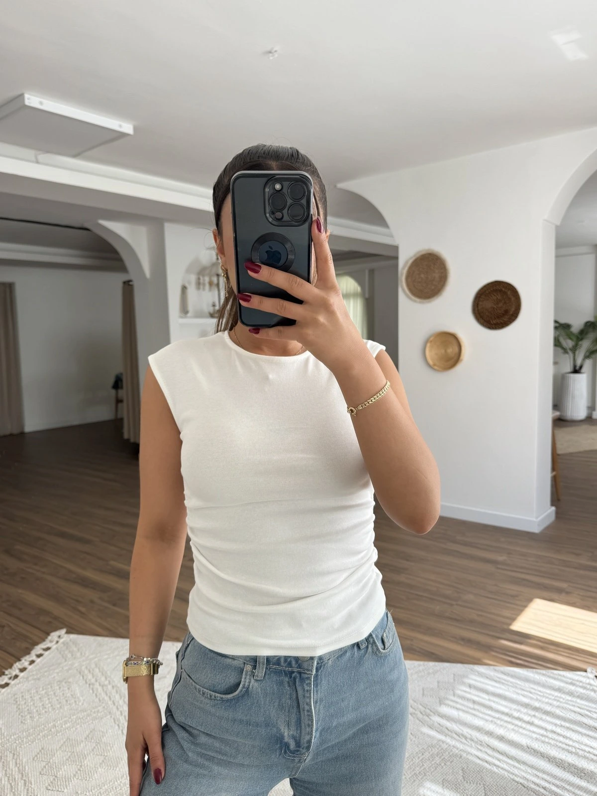 BİSİKLET YAKA YAN BÜZGÜ PAMUK LİKRA ATLET - EKRU - Görsel 1