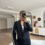 BİYE YAZI DETAY TEK DÜĞME ASTARLI KISA VİSKON CEKET - LACİVERT