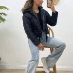 BİYELİ KISA KAPİTONE MONT - SİYAH