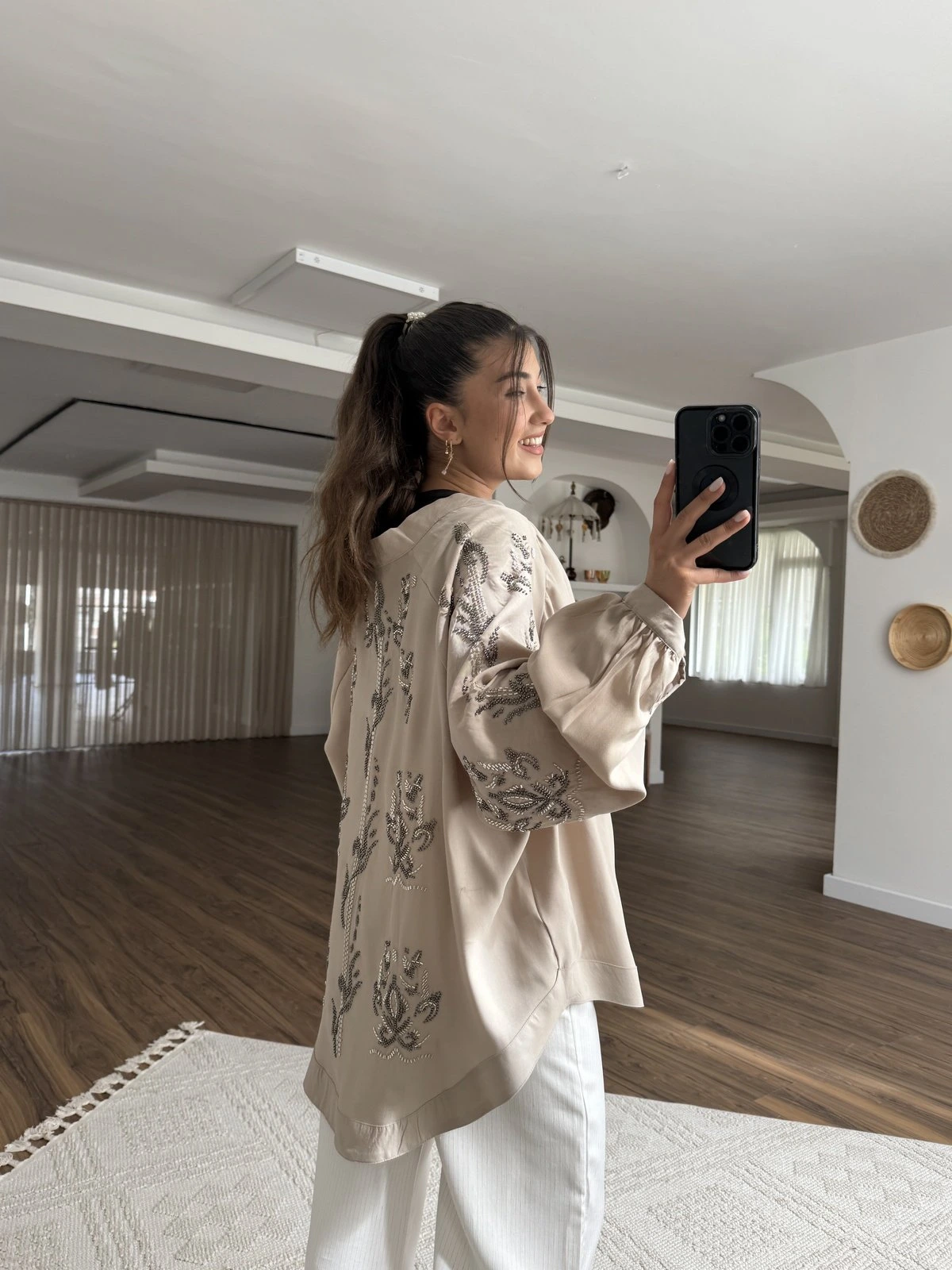 BONCUK İŞLEME SALAŞ TENSEL KİMONO - BEJ - Görsel 1